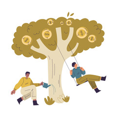 Fototapeta premium Man and Woman Character Have Capital Swing on Tree with Money Golden Coin Vector Illustration
