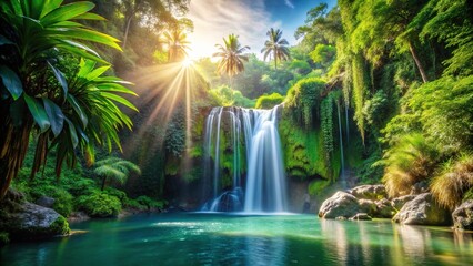A serene waterfall oasis with lush green foliage bathed in tranquil sunlight, capturing the essence of tropical paradise
