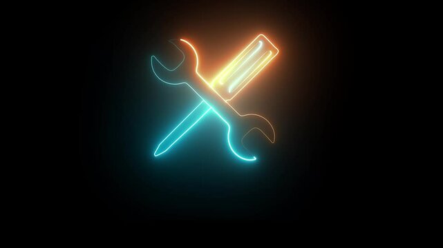 Glowing neon light setting tools icon concept animation on black background.