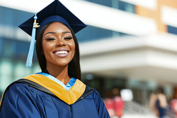 a beaming black female graduate in a sapphire blue academic gown and mortarboard, standing proudly in front of a blurred university building