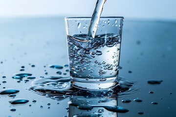 Refreshing Water Pouring into Glass with Splash and Bubbles for Hydration Concept