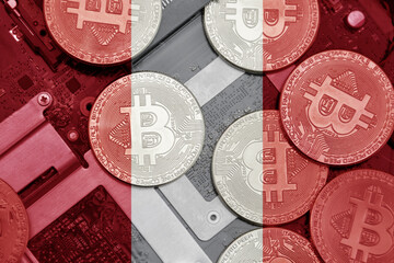 flag of peru on the bitcoins with computer electronic circuit board background. bitcoin concept