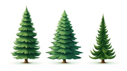 Three different fir trees are isolated on a white background