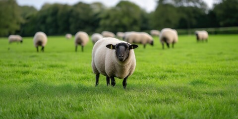 A Suffolk sheep flock grazing in a freshly rotated, lush green pasture in Southern England