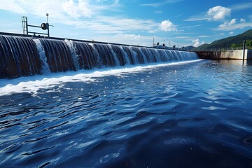 Serene River Waterfall Under Blue Sky - Nature Scene for Tranquil Design and Print