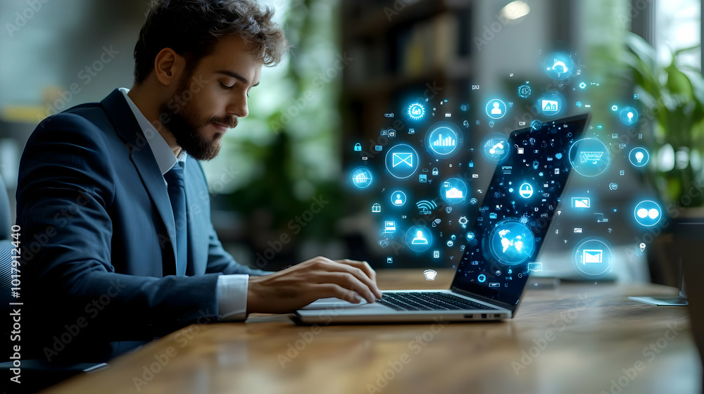 Poster A businessman using a laptop with digital icons around him.