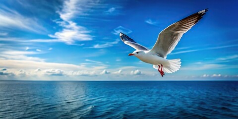 Obraz premium A single seagull flying over the sea, against a backdrop of blue sky
