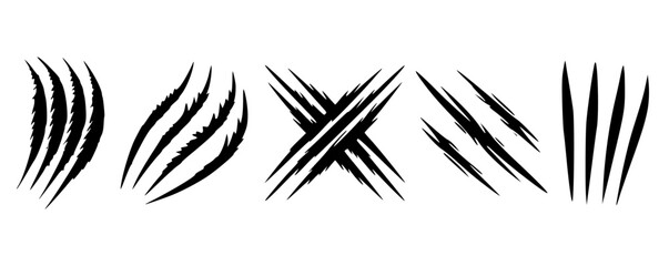 scratch mark or claw mark vector icon set. tiger, lion, wolf, bear, wild animal warning sign. animal attack danger sign. horror, monster, torn, scary spooky, mystery wilderness concept.