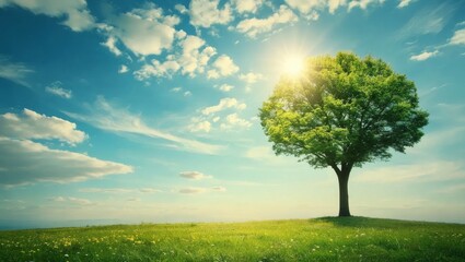 Obraz premium Serene Landscape with a Lush Green Tree Under Blue Sky