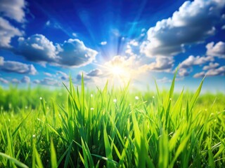 Fototapeta premium Lush Green Grass in a Sunny Meadow with Gentle Breeze and Bright Blue Sky Above the Landscape