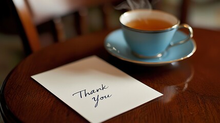 A cozy scene featuring a steaming cup of tea beside a handwritten thank-you note on a wooden table.