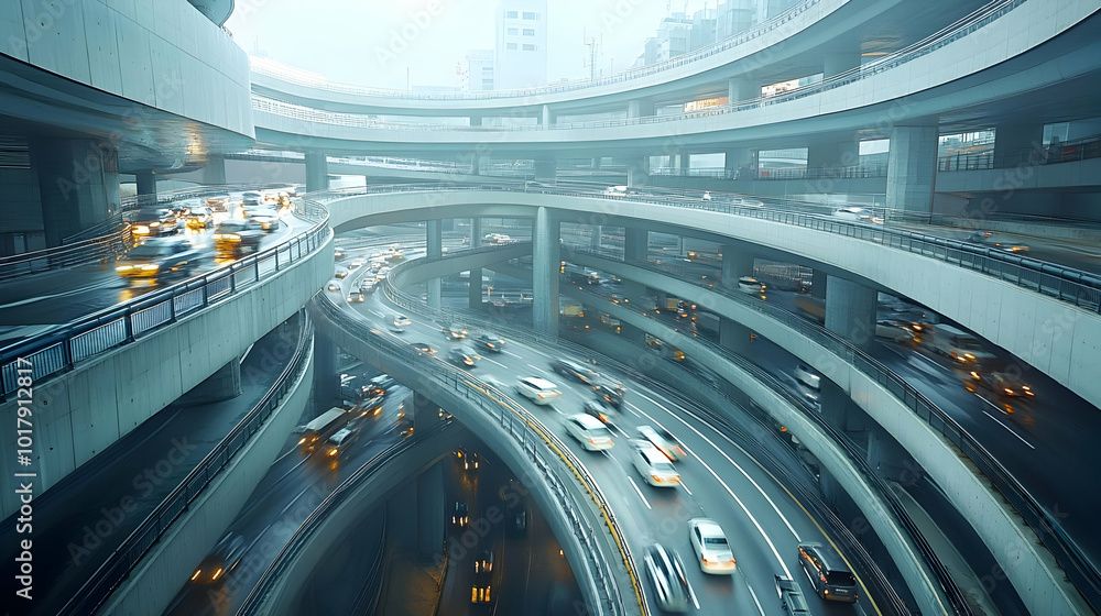 Poster a busy urban interchange with flowing traffic and modern structures.