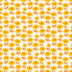 Ditsy style fabric, floral seamless pattern. Vintage decorative background with small yellow flowers and leaves. Vector illustration