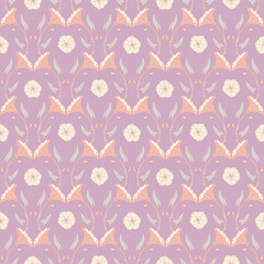 Seamless pattern with convolvulus plant, its flowers, and leaves. Retro template for prints. Light purple background. Vector illustration
