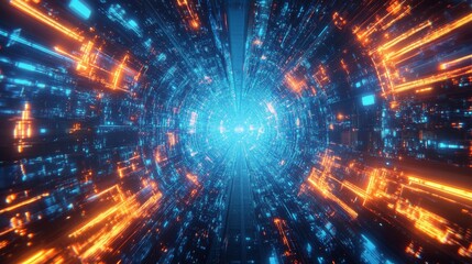 Obraz premium This image showcases a vibrant futuristic tunnel, filled with dynamic blue and orange lights, creating an impression of speed and advanced technology.