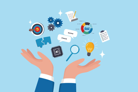 Skill, work experience or ability development, expertise success, leadership or communication to success, learning skills, wisdom concept, businessman hand hold multiple skills set to achieve success.