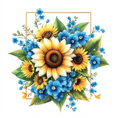 Vibrant sunflower and blue flower bouquet