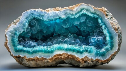 A breathtaking blue geode displaying a natural formation of sparkling crystals within, mesmerizing viewers with its geometric beauty and earthly wonder.