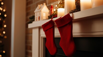 A festive mantelpiece decorated with red stockings, glowing candles, and a miniature Christmas village display