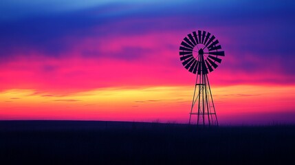 A striking silhouette of a classic windmill stands against a picturesque sunset, with dramatic hues of pink, orange, and purple painting the evening sky beautifully.