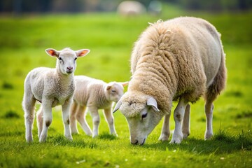 Obraz premium A small sheep with parents grazing on a lawn in green grass Aerial