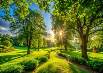 Obraz premium Lush Green Landscape with Vivid Foliage and Sunlight Casting Gentle Shadows on the Ground