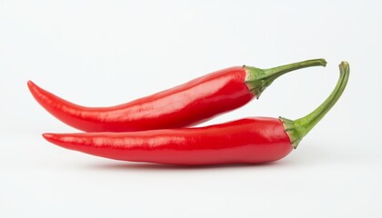 A pair of fresh red chili peppers, smooth skin, natural green stems, isolated on white background