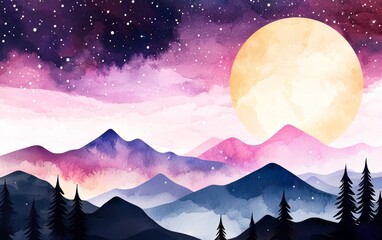 Fototapeta premium Celestial dreamscape with giant stars, soft nebulae, and floating islands, watercolor hues blending between earth and space, creating a surreal starry realm