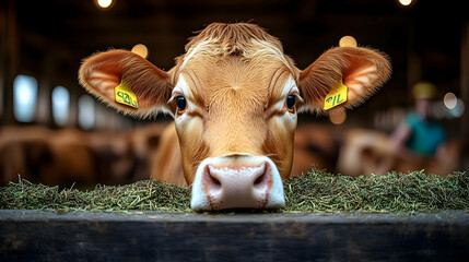 A close-up of a cow in a barn, surrounded by hay.
