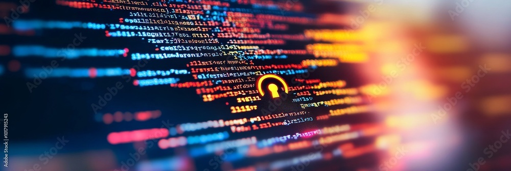 Poster secure software development code with a padlock symbol at center screen, blurry background.