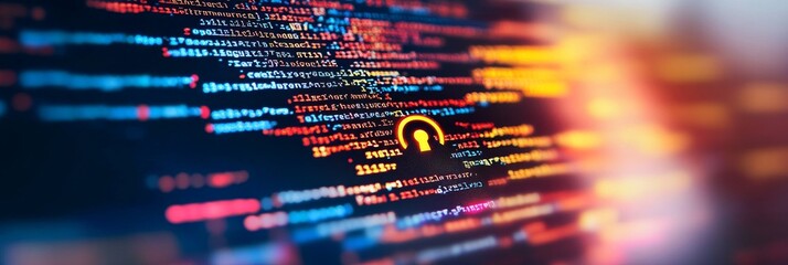Secure Software Development Code With A Padlock Symbol At Center Screen, Blurry Background.