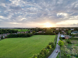 High Angle View of British Agricultural Farms at Streatley Village and Countryside Landscape of Bedfordshire, England Great Britain of UK. Footage Was Captured with Drone's Camera on October 7th, 2024