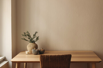 Elegant autumn interior. Vase with olive branches. Little pumpkins on wooden table desk. Home...