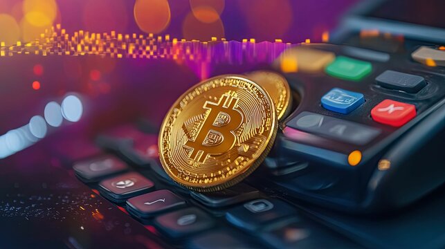 Golden Bitcoin Coin on a Payment Terminal and Keyboard