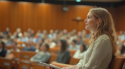 A focused individual seated among a group in a lecture hall, listening attentively and taking notes, with a blurred audience and wooden interior details.