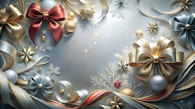 ribbon and bow background, swirling delicate ribbons in soft red, gold, and green on light airy backdrop with wintery textures and copy space