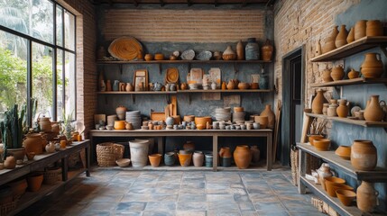 A diverse assortment of handcrafted pottery, showcased in a rustic studio setting, reflecting the skill, creativity, and artistic spirit of traditional pottery making.