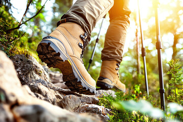 a hiker's legs and feet in rugged boots, navigating a steep, rocky mountain trail with trekking poles visible