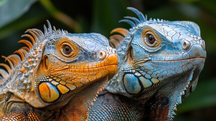 Fototapeta premium Two colorful iguanas rest side by side amidst lush, green foliage, capturing a moment of harmony and connection in their natural, tropical environment.
