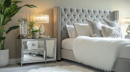 A refined Hollywood Glam bedroom with mirrored bedside tables