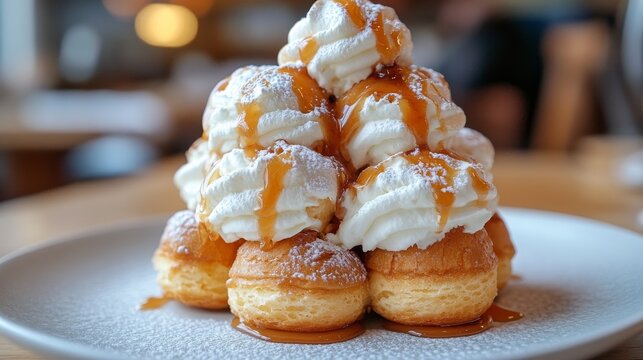 A decadent tower of profiteroles draped in luxurious whipped cream and caramel, perfectly positioned on a plate to create an inviting and indulgent dessert masterpiece.