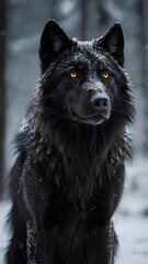 Snowy Wolf in Winter Forest: The Black Predator
