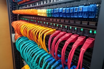 Organized Network Cabling System in Server Rack Cabinet with Colorful LED Indicators