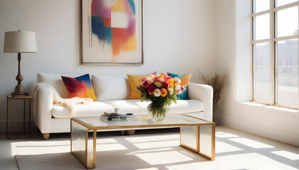A vintage, weathered coffee table sits next to a white sofa by an arched window, with a large art poster framed on a white wall. The living room features a minimalist, art deco-inspired design