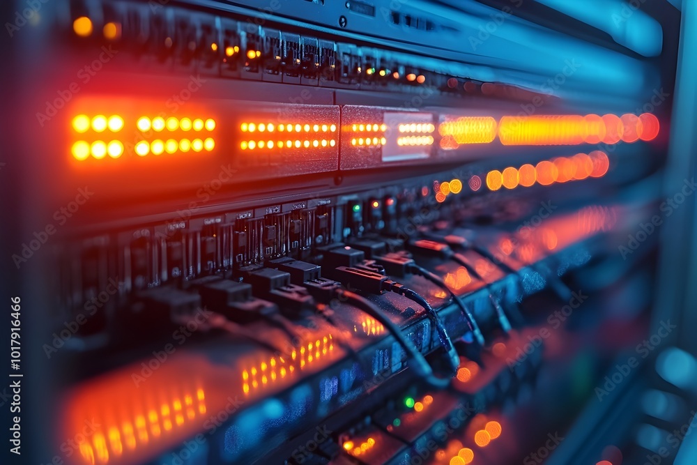 Aufkleber network switch and ethernet cables in rack cabinet with status led lights