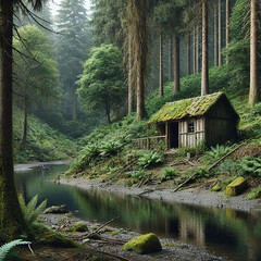 Obraz premium Abandoned Hut In The Middle of a Forest.This Image was Generated by DALL·E