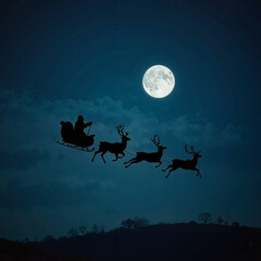 Silhouette of Santa’s sleigh with reindeer flying across the night sky, full moon in the background