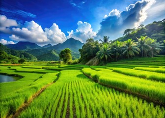 Naklejka premium Lush Green Rice Paddy Fields Under Clear Blue Sky with Vibrant Green Rice Plants Growing Abundantly