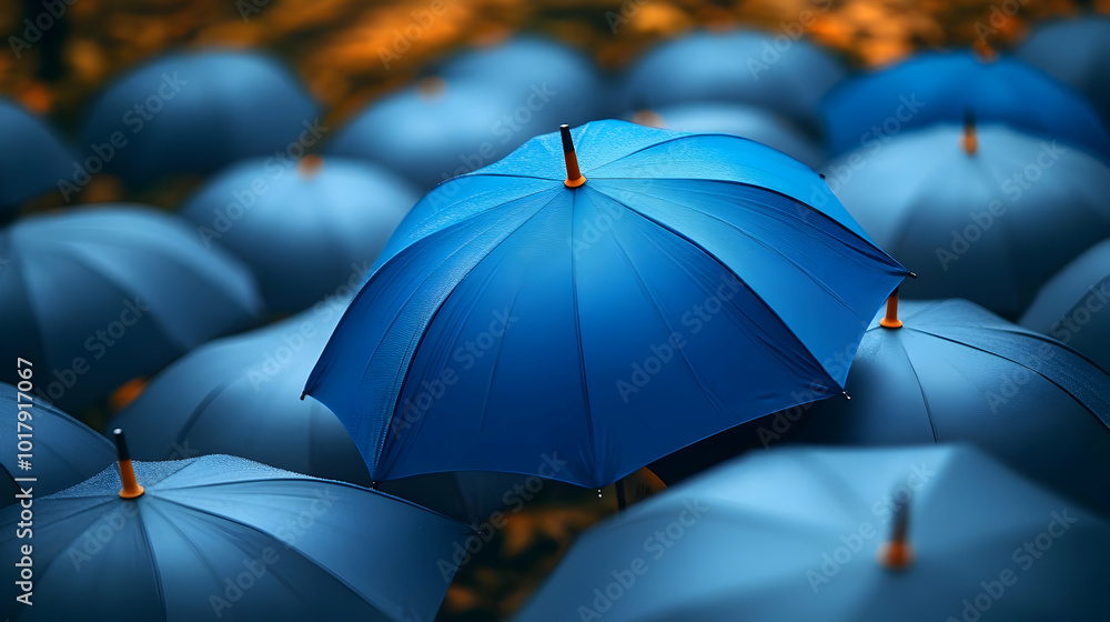 Poster a collection of blue umbrellas arranged in a visually appealing way.