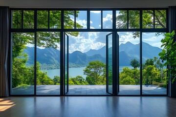 Panoramic Mountain and Lake View Through Expansive Black Aluminum Swing Doors with Glass Windows